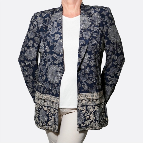 Casual Corner Jackets & Blazers - Luxe Silk Artisan Floral Blazer Midnight Blue Coastal Boho Chic 0X L Vintage